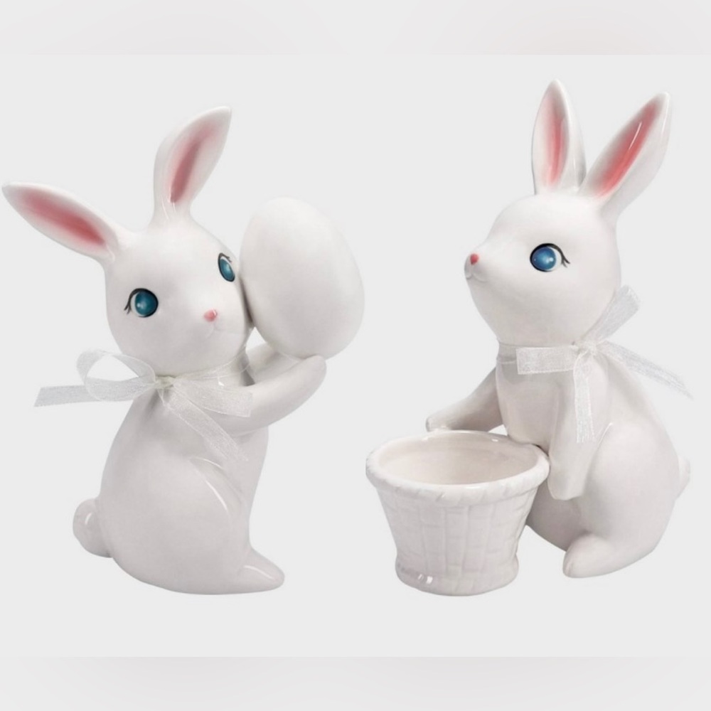 2023 Target Spritz Ceramic Easter Bunnies w/ Egg & Basket Decor Figurines Retro